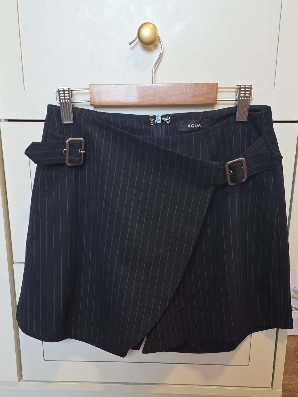 Aqua Black Pinstripe Asymmetrical Wrap Skort with Buckle Details